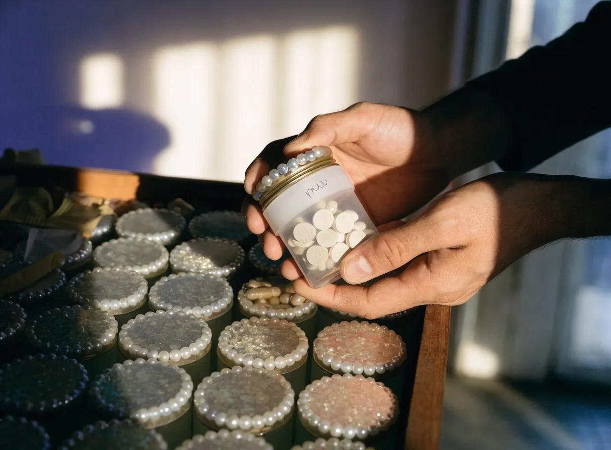 Half-open stockroom drawer of unlabelled amber and pearl supplement jars under warm side light