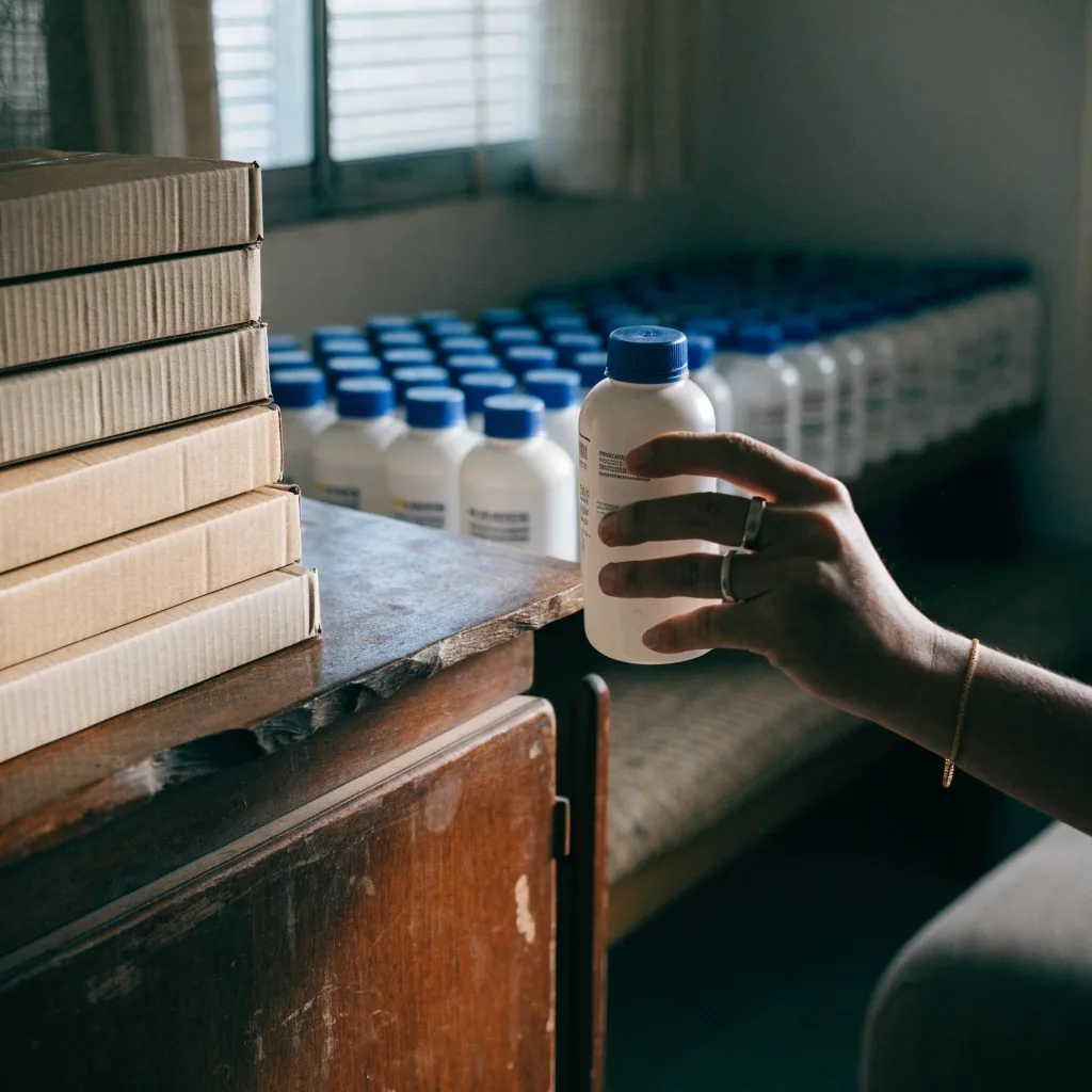 Rows of unlabelled amber and pearl jars on a dim storage shelf