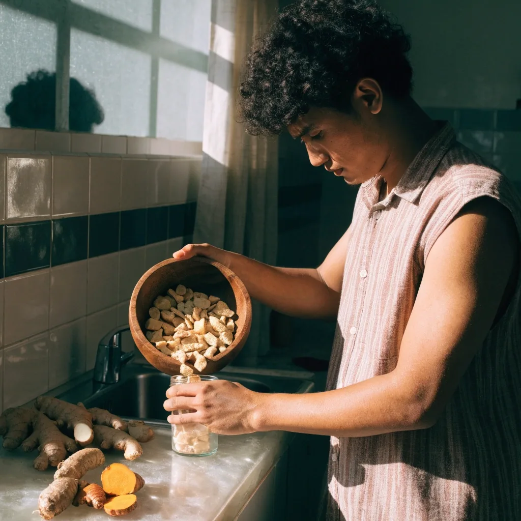 Dried maca root pieces scattered on a pearl laminate surface under warm overhead light