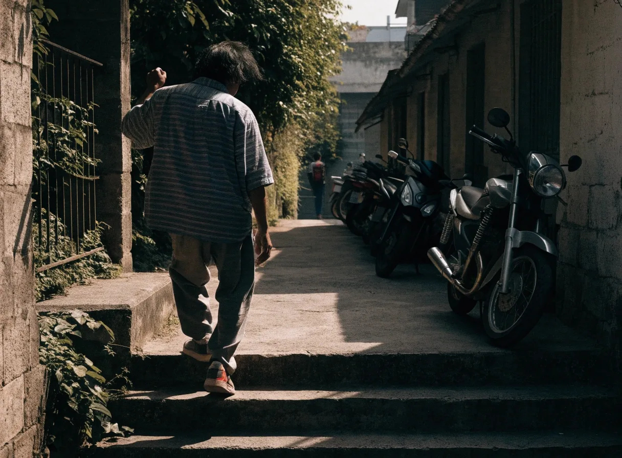 Man walking up outdoor neighbourhood steps in early morning