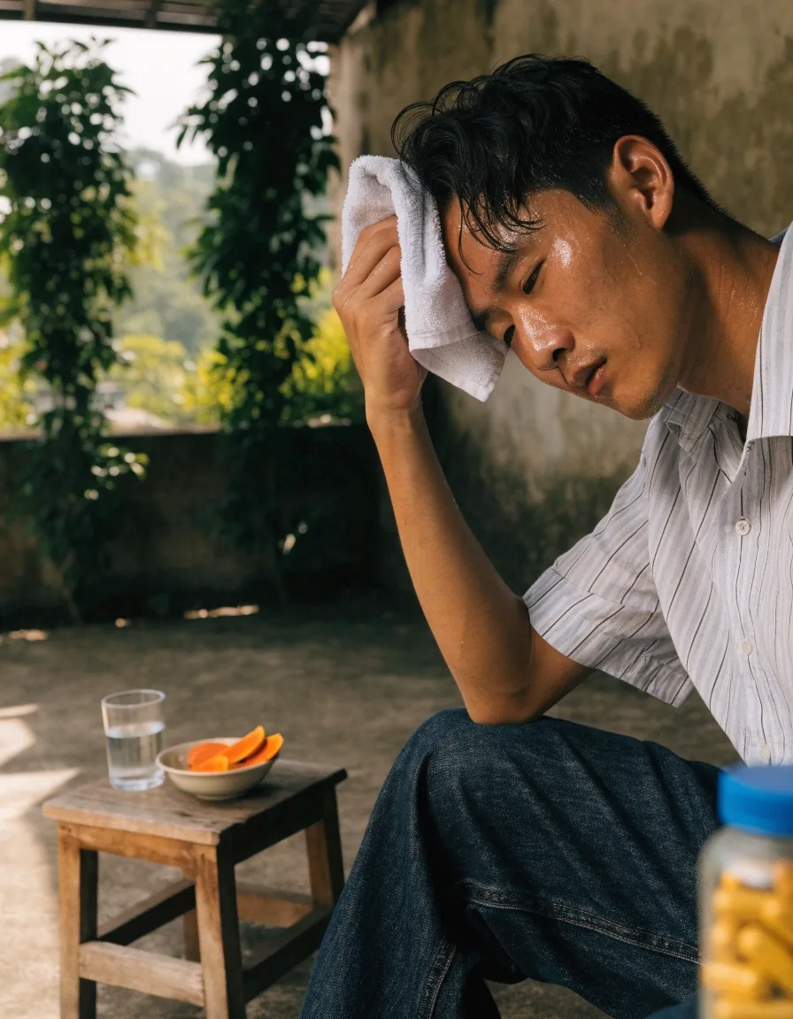 Man resting on a shaded terrace in Yogyakarta with water and fruit nearby