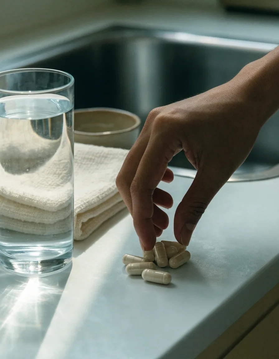 Open hands holding unlabelled pale capsules over a laminate surface