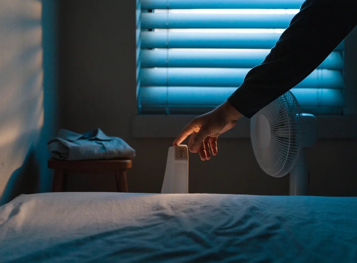 Simple dim bedroom with a turning fan beside louvred windows