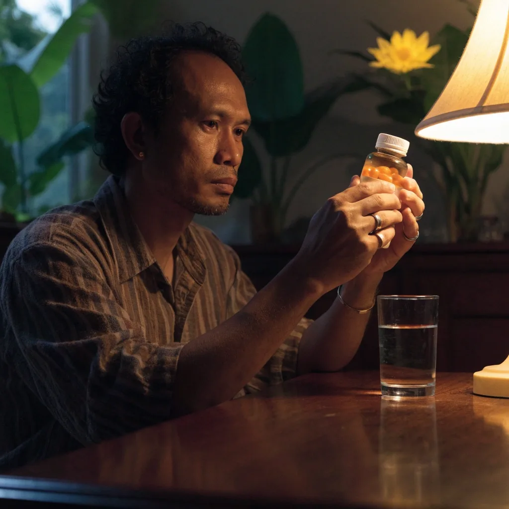 A man reading the back of an unlabelled supplement bottle at a table in the evening