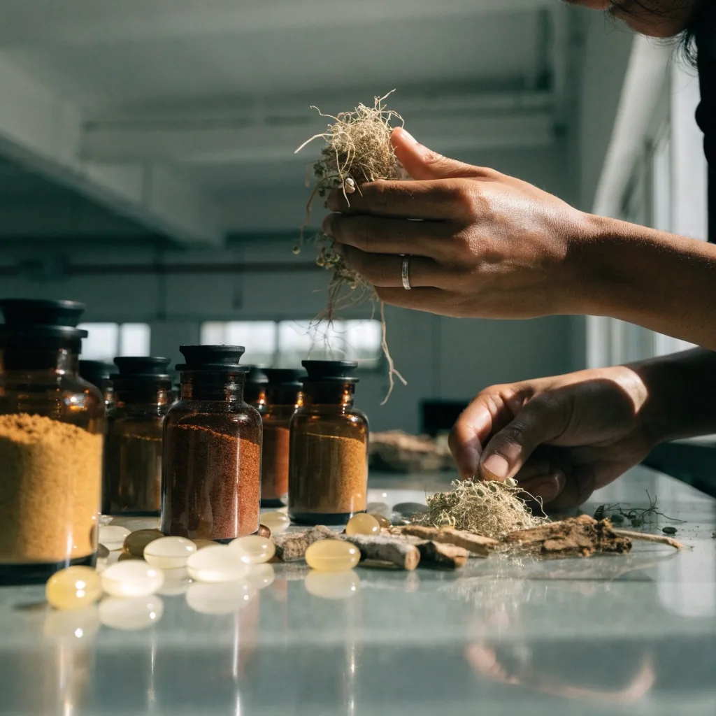 Unlabelled botanical capsules and dried plant material arranged on a laminate surface