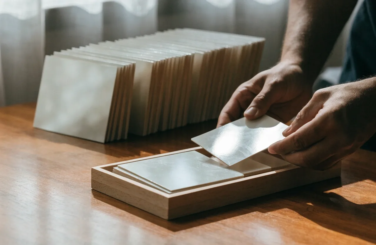 An open drawer of unlabelled blank laminate sample cards lit by window light