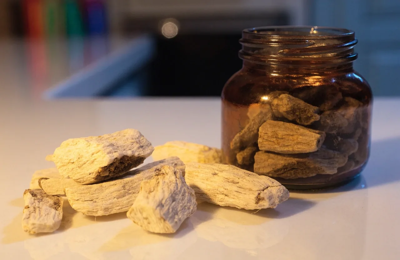 Dried maca root pieces beside an unlabelled amber jar on a pearl surface