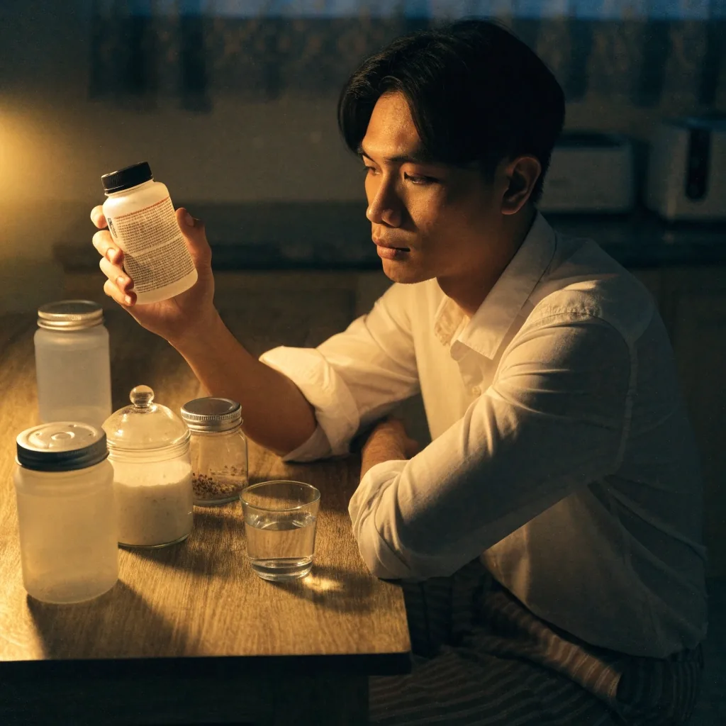 Rows of unlabelled supplement bottles and jars on a household shelf in warm low light