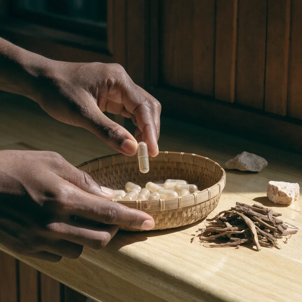 Five unlabelled capsules and mineral chips spaced like laminate samples on a pale strip