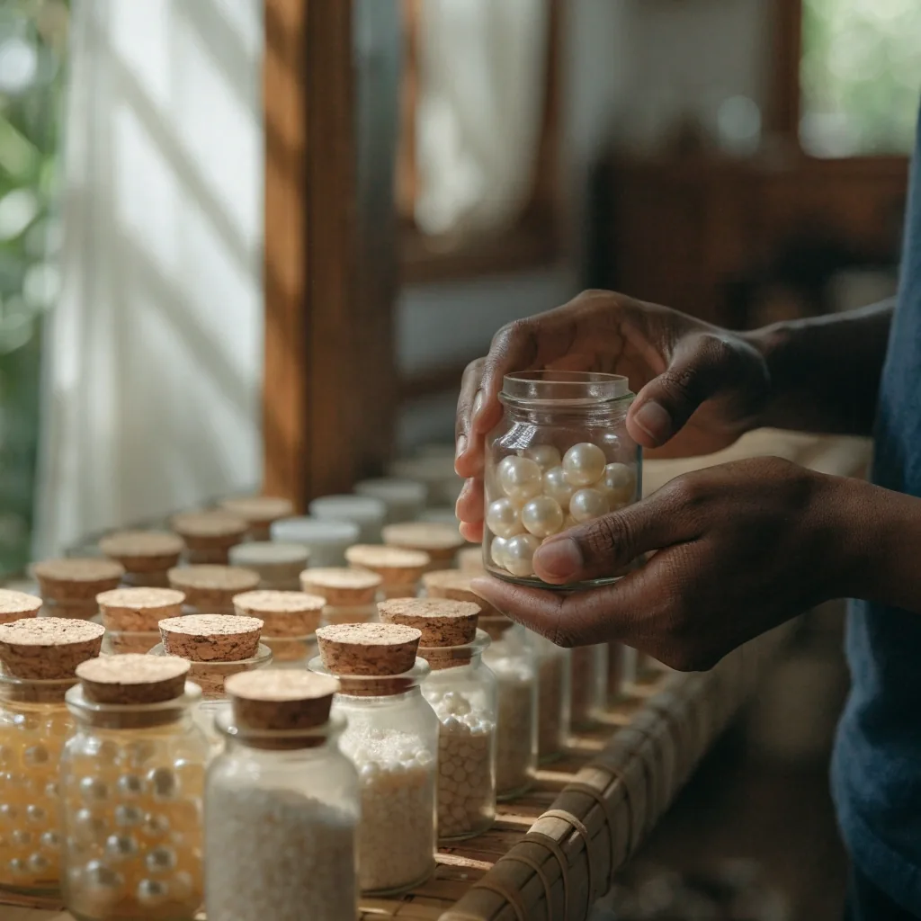 Rows of unlabelled amber and pearl supplement containers on a shelf in low afternoon light