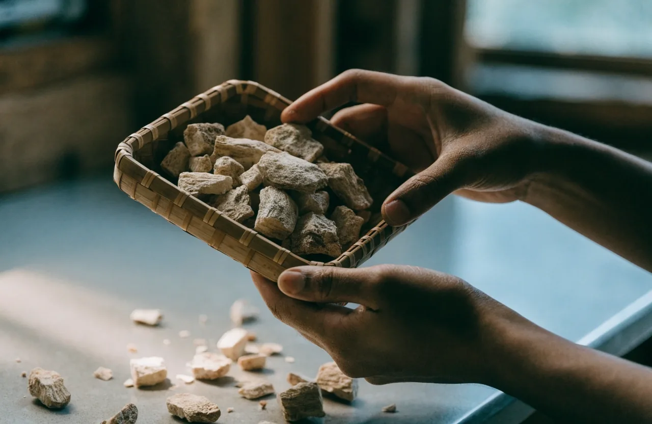 Dried maca root pieces spread flat as an isolated cut-out