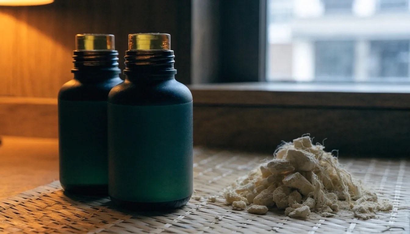 Wide low-key view of rows of unlabelled supplement bottles on a household shelf
