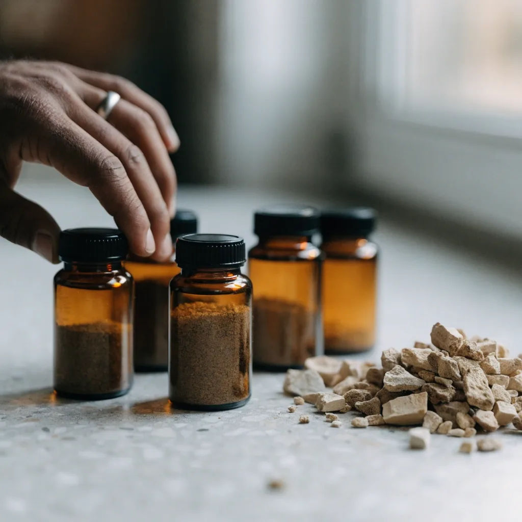Dispersed maca root pieces on a pale laminate surface