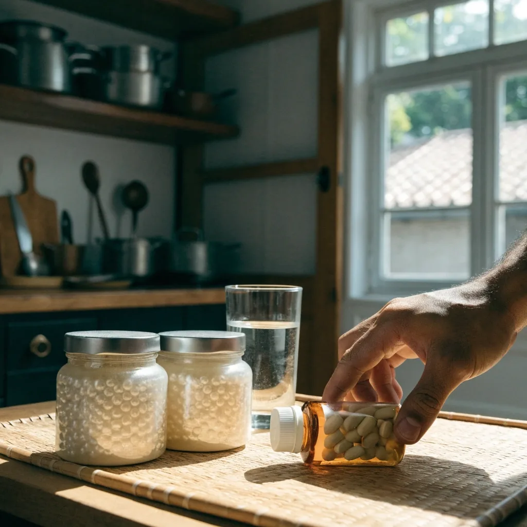 Row of unbranded supplement jars on a bright morning kitchen counter