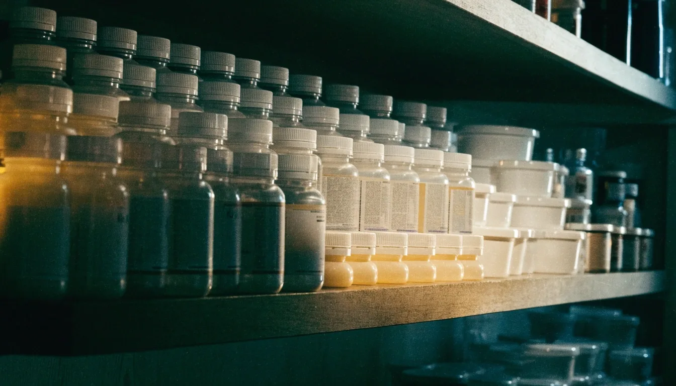 Rows of plain unlabelled supplement bottles and pearl jars on a household shelf under warm low light