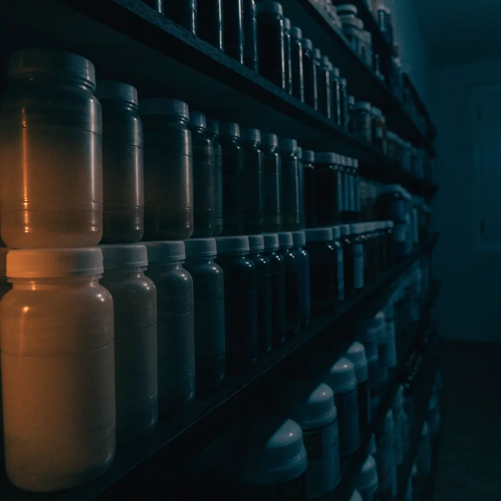A dark-toned shelf of plain unlabelled supplement bottles and jars arranged in columns