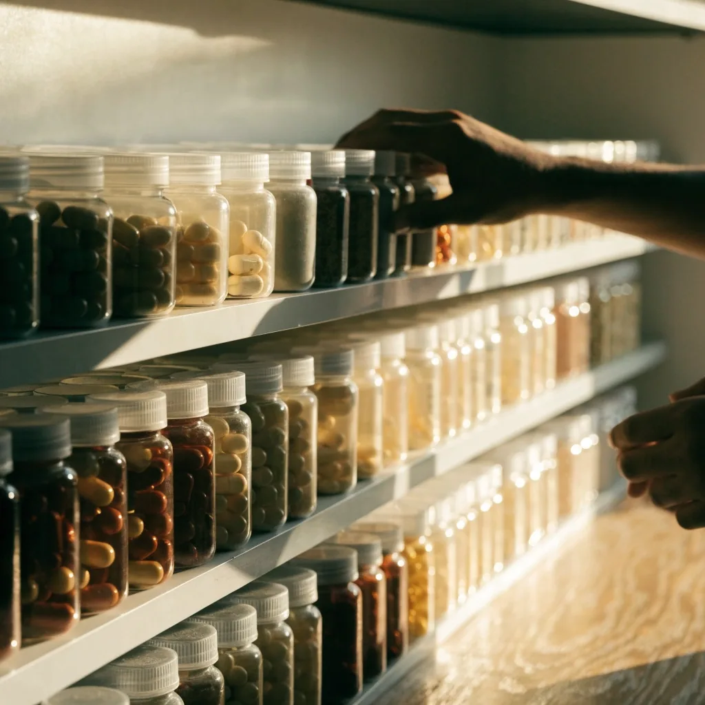 Plain unlabelled amber and pearl jars arranged on laminate shelves at a Yogyakarta supplement counter